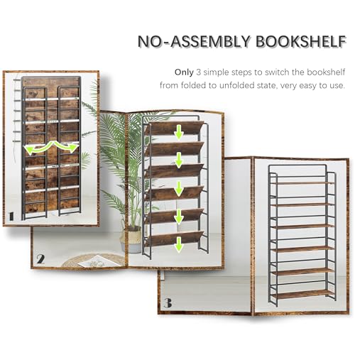 No Assembly Extra Wide 6 Tiers Folding Bookshelf Storage Shelves Vintage Bookcase Standing Racks Study Organizer Home Office