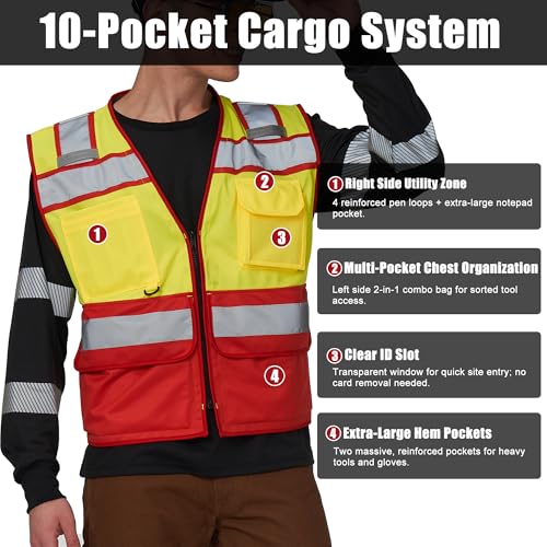 4XL 5XL Yellow Red Event Staff Vest ID Pocket Mesh Back Trim