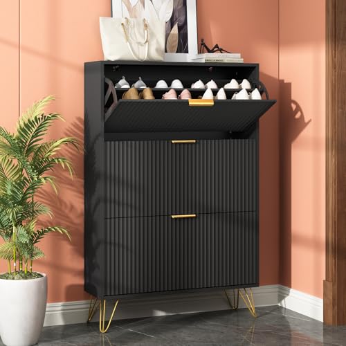 48" H Fluted Shoe Storage Cabinet with 3 Flip Drawers for Entryway