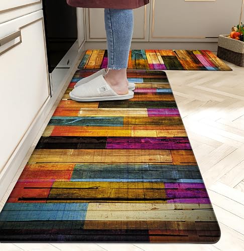 Kitchen Mats for Floor Colorful kitchen rugs Cool Wooden Abstract Anti Fatigue Kitchen Mats Waterproof Floor Mats Cushioned Non (5.4 Sq Ft)