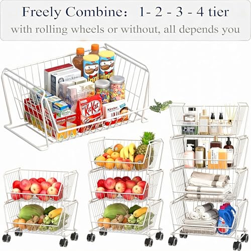 4 Tier Large Stackable Wire Storage Baskets with Wheels