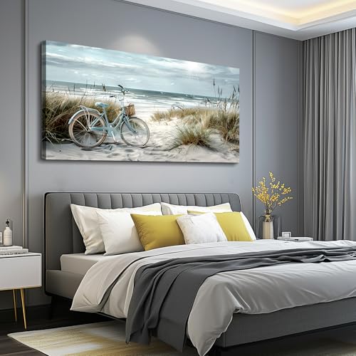 Wall Art For Living Room Canvas Decor For Bedroom Modern Office Decorations Blue Beach Bicycle Seascape Paintings Ocean Landscape Pictures Artwork Ready To Hang Home Decor