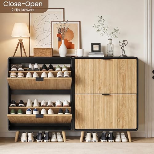 Fluted Shoe Storage Cabinet with 2 Flip Drawers