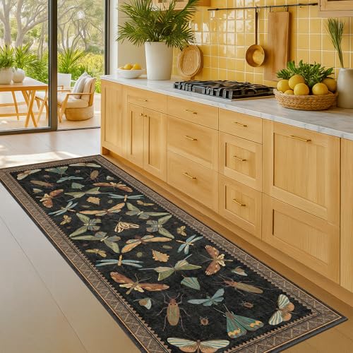 Vintage Insect 2x8 Black Entryway Runner Rug (16 Sq Ft)