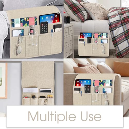 Beige Remote Control Holder Recliner Armchair Caddy Couch Caddy Sofa Armrest Organizer Linen Fabric Tan Taupe Sofa Arm Chair Caddie with 6 Pocket Storage for Magazine