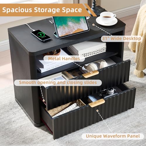 31" Wide Fluted Nightstand with Charging Station