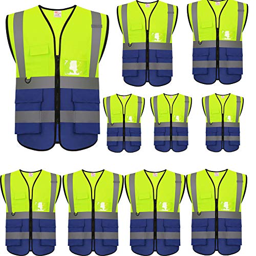 High Visibility Reflective Safety Vest with Multi Pockets 10 Pack Bulk (10 Count)