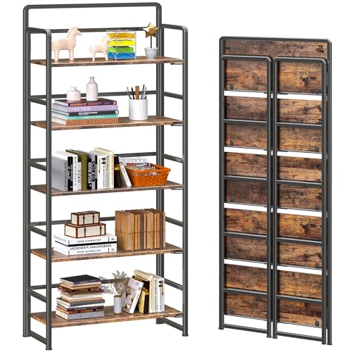 No Assembly 5 Tiers Folding Bookshelf Storage Shelves Vintage Bookcase Standing Racks Study Organizer Home Office (4 Count)