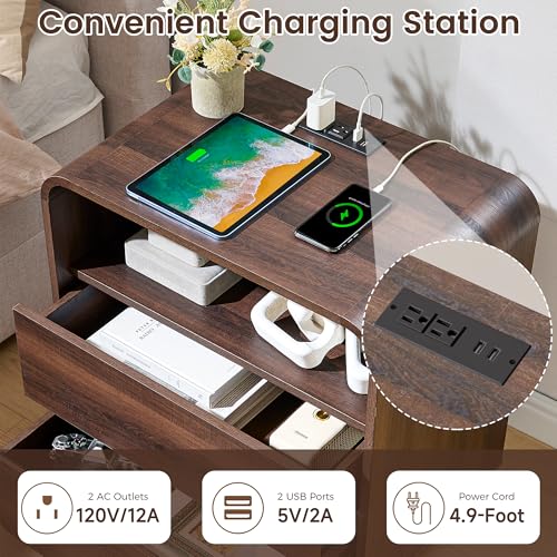 Walnut Curved Nightstand Set of 2 with Charging Station