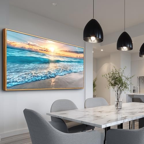 Large Canvas Wall Art For Living Room Wood Framed Wall Decor For Bedroom Blue Beach Seascape Wall Paintings Modern Office Decorations Home Decor Poster Artwork Ready to Hang Wall Pictures