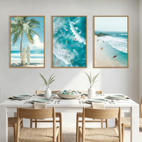Extra Large Surfing Tropical Beach Framed Wall Art 24x36 Inch Blue Summer Coastal Canvas Wall Decor Surfboard Seaside Tree Landscape Art Print for Living Room Bedroom Set of 3