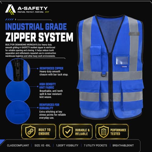 Big and tall Blue high vis Reflective Work Ves 7 Pockets