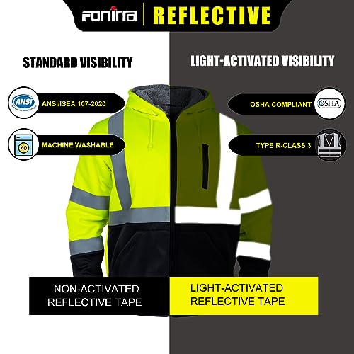 Men's High Visibility Safety ANSI Class 3 Lined Fleece Hoodie Sweatshirt with Black Bottom Jumper Workwear for Men