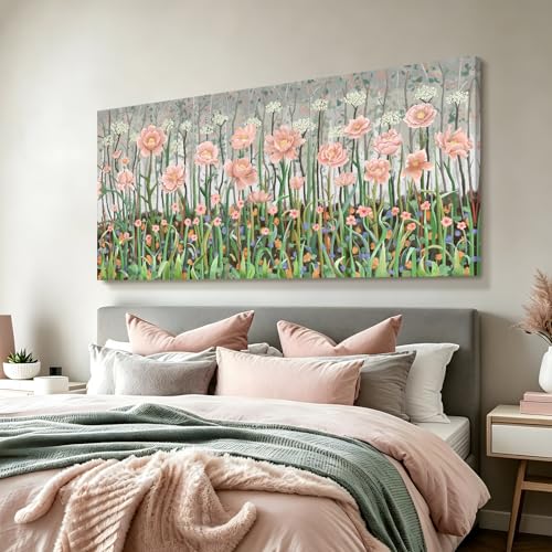 Rustic Plant Wall Art For Bedroom Pink Green Floral Print 58X29 In