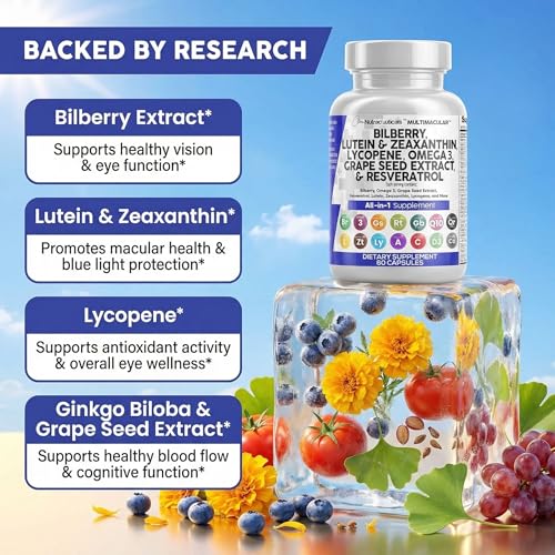 Clean Nutra Eye Vitamins with Bilberry Lutein and Zeaxanthin Supplements Lycopene 40mg Resveratrol Grape Seed Astaxanthin for Eyes (60 Count)