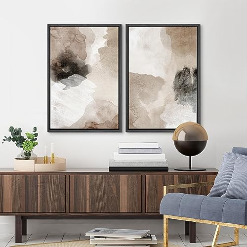 Framed Canvas Print Wall Art Watercolor Brown White Black Collage Abstract Shape Illustrations Modern Art Decorative Bohemian Colorful Chic for Living Room (2 Count)