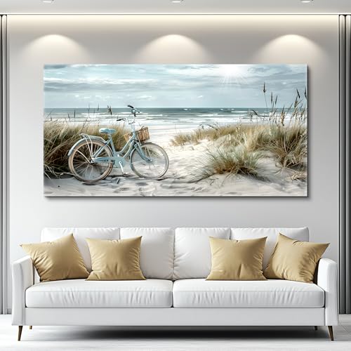 Wall Art For Living Room Canvas Decor For Bedroom Modern Office Decorations Blue Beach Bicycle Seascape Paintings Ocean Landscape Pictures Artwork Ready To Hang Home Decor
