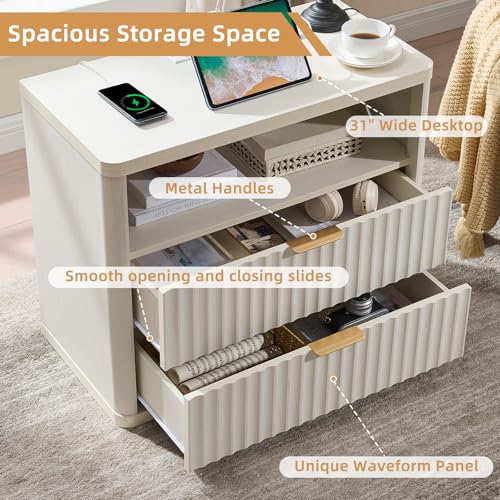31" Wide Fluted Nightstand with Charging Station