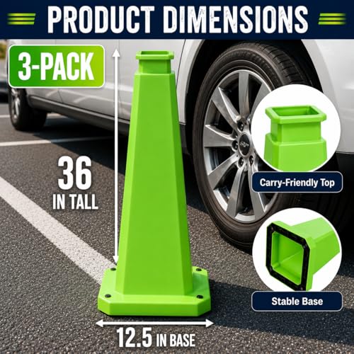 3 Pack 36" Bright Green Traffic Safety Cones with Weighted Base