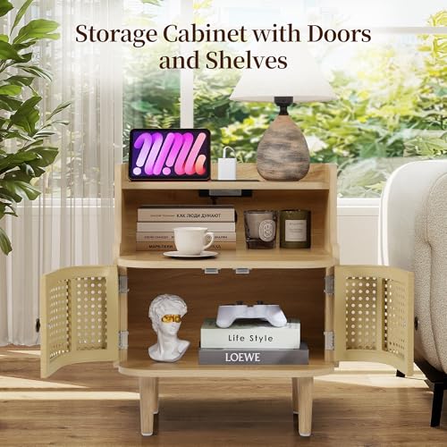 Metal Rattan End Table with Charging Station