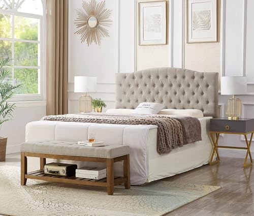 Large Rectangular Upholstered Tufted Linen Fabric Ottoman Bench