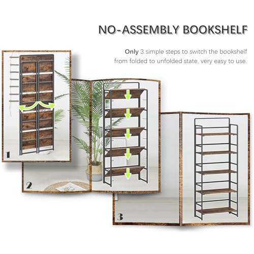 No Assembly 5 Tiers Folding Bookshelf Storage Shelves Vintage Bookcase Standing Racks Study Organizer Home Office (4 Count)