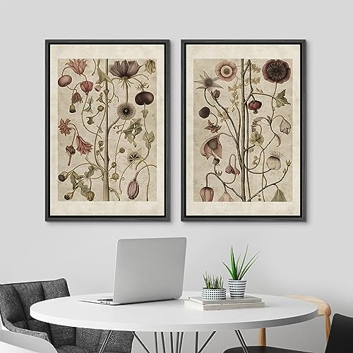 Framed Canvas Print Wall Art Wildflower Floral Botanical Nature Illustration Modern Art Decorative Multicolor Geometric Minimal for Bedroom (2 Count)