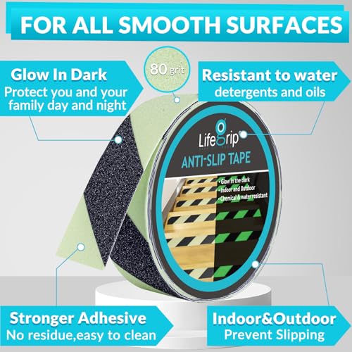 LifeGrip Anti Slip Traction Tape with Glow in Dark Green 2"x38' Black (38 Foot)
