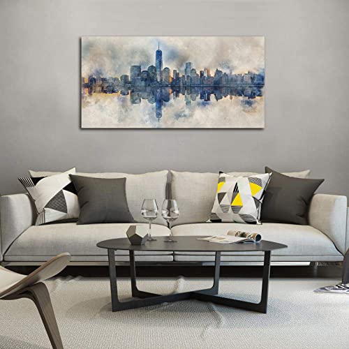 Extra Large New York Skyline Wall Art Abstract City Reflection Canvas Picture Print Modern Gray Canvas Artwork Decoration for Living Room Bedroom Office Home Wall Decor Framed Ready to Hang 29" x 58"