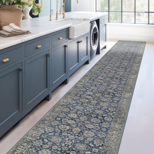 Vintage Washable Long Runner Rug 2.6x18 Hallway Rug Runner Blue