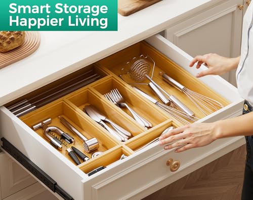 Bamboo Kitchen Drawer Organizer Boxes 12" x 3" Stackable Wooden Organizers (2 Count)