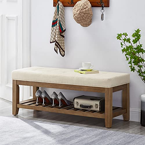 Large Rectangular Upholstered Tufted Linen Ottoman Bench