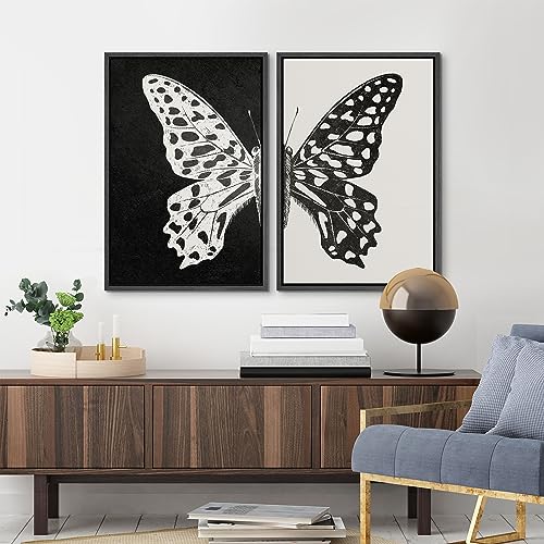 Framed Canvas Wall Art Black and White Butterfly Prints Minimalist Modern Art Boho Wall Decor for Bedroom (2 Count)
