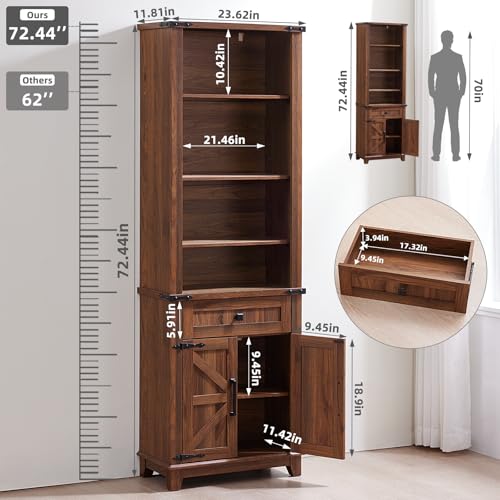 72in Tall Bookshelf 7 Tier Bookcase with Drawer and Barn Doors and Adjustable Shelves
