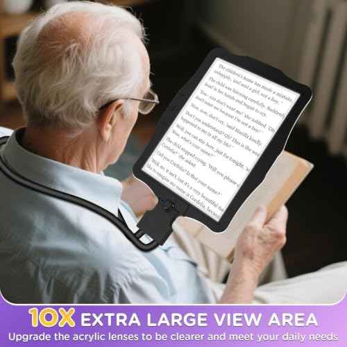 Large 10X Rechargeable Hands Free Magnifying Glass for Reading with Light
