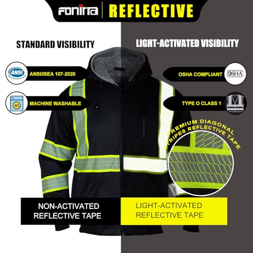 Men's High Visibility Safety ANSI Class 3 Lined Fleece Hoodie Sweatshirt with Black Bottom Jumper Workwear for Men