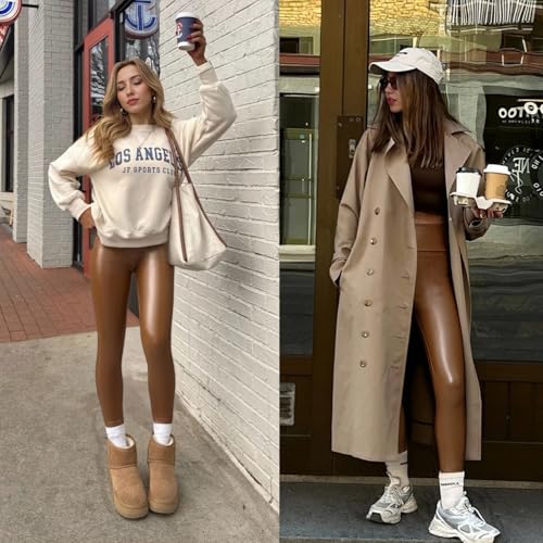 Faux Leather Leggings for Women High Waisted Stretch Leather Pants Tummy Control Brown