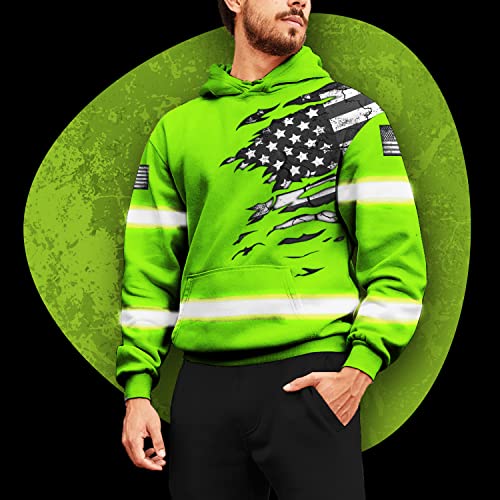 Safety Hoodie Scratch Green US Flag Customize Name High Visibility Hoodie for Men Reflective Workwear for Runners