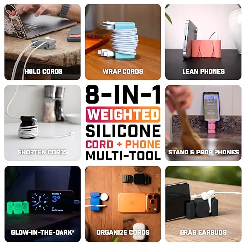 6PK Silicone & Steel Weighted Cord Holders for Bedside. Travel Phone Cable Organizers. Multiuse iPhone Accessories. Small Gifts for Him