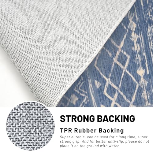 2x6 Washable Runners for Hallways Blue Beige Moroccan Boho