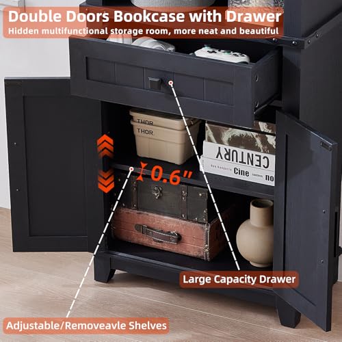 72in Tall Bookshelf 7 Tier Bookcase with Drawer and Barn Doors and Adjustable Shelves (3 Count)