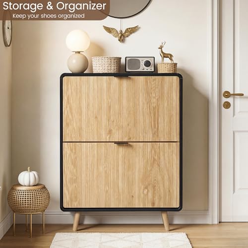 Fluted Shoe Storage Cabinet with 2 Flip Drawers