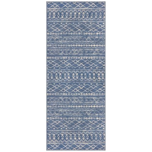 2x6 Washable Runners for Hallways Blue Beige Moroccan Boho