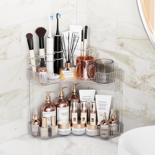2 Tier Corner Bathroom Counter Organizer with Top Toothbrush Holders