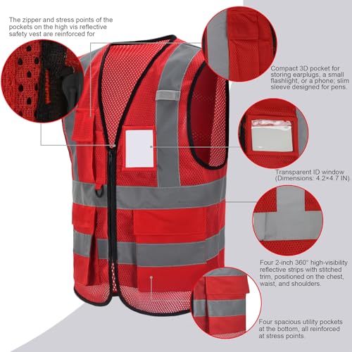 Red High Vis reflective Vest with Reflective Strips