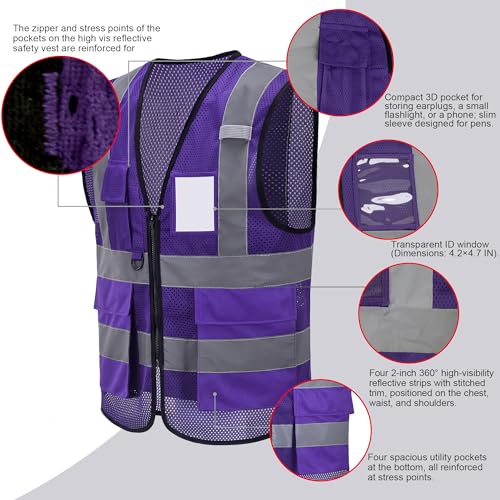 Purple Safety Vest with Reflective Strips