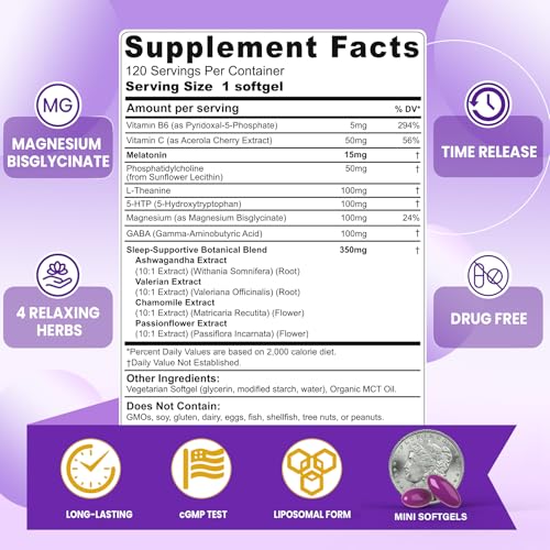 Liposomal Time Release Melatonin + Magnesium Sleep Supplement 120 Softgels (120 Count)