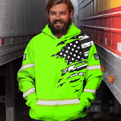 Safety Hoodie Scratch Green US Flag Customize Name High Visibility Hoodie for Men Reflective Workwear for Runners