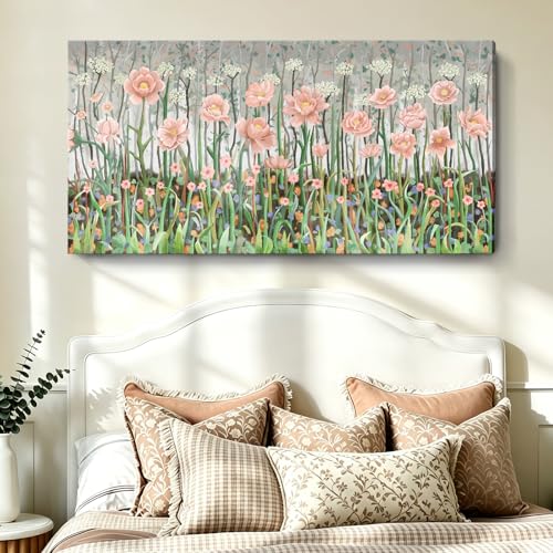 Rustic Plant Wall Art For Bedroom Pink Green Floral Print 58X29 In