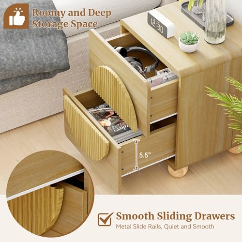 23" Fluted Nightstand with Solid Wood Legs Set of 2 (2 Count)